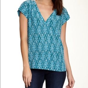 Joie Rubina ikat print silk v-neck top in peacock
